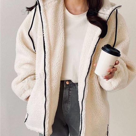 Shein DAZY Contrast Trim Raglan Sleeve Drawstring Hooded Teddy Coat - Picture 1 of 3